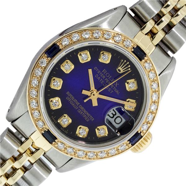 Rolex Ladies Two Tone Blue Vignette Diamond & Sapphire Datejust Wristwatch