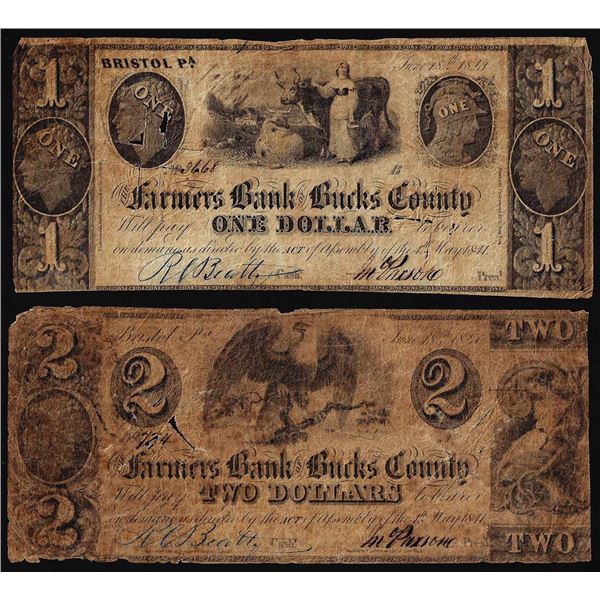 Lot of 1841 $1 & $2 Farmers Bank of Bucks County Bristol, PA Obsolete Bank Notes