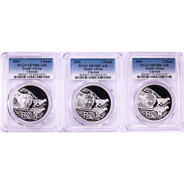 Lot of (3) 2016 Proof South Africa 2 Rand Cheetah Silver Coins PCGS PR70DCAM