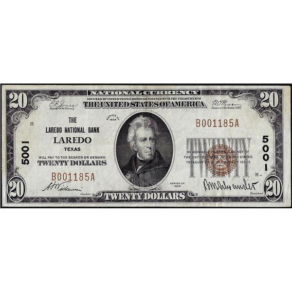 1929 $20 The Laredo National Bank Laredo, TX CH# 5001 National Currency Note