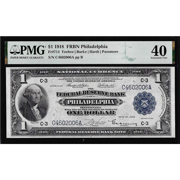 1918 $1 Federal Reserve Bank Note Philadelphia Fr.714 PMG Extremely Fine 40