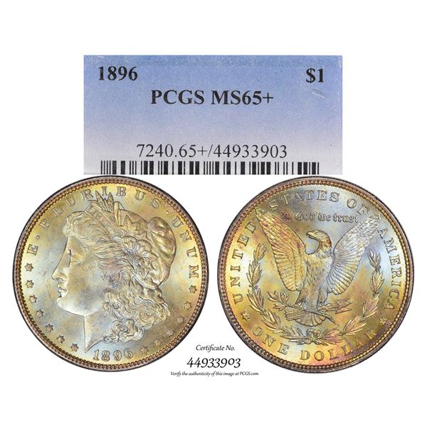1896 $1 Morgan Silver Dollar Coin PCGS MS65+ Amazing Toning