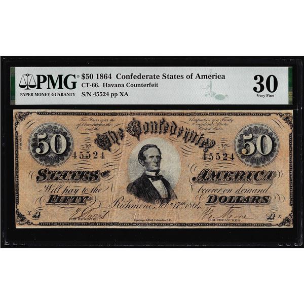 1864 $50 Confederate States of America Havana Counterfeit Note CT-66 PMG Very Fine 30