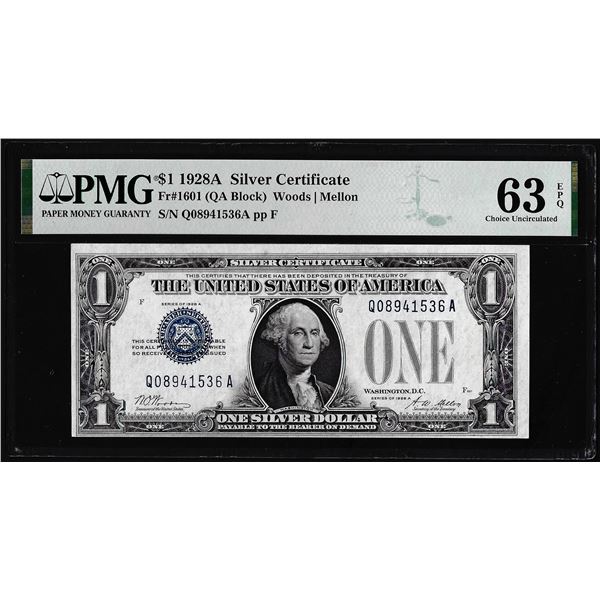 1928A $1 Funnyback Silver Certificate Note Fr.1601 PMG Choice Uncirculated 63EPQ