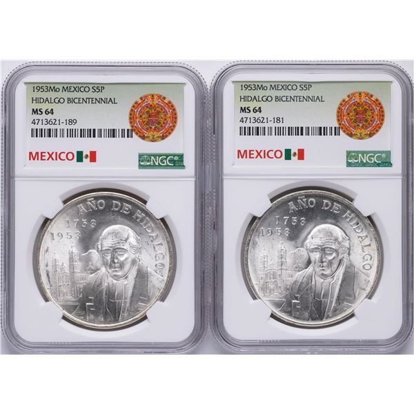 Lot of (2) 1953Mo Mexico Hidalgo Bicentennial 5 Pesos Silver Coins NGC MS64