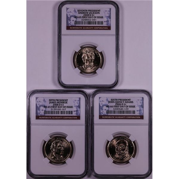 Lot of (3) 2008-D $1 Presidential Dollar Coins NGC MS65 First Day of Issue