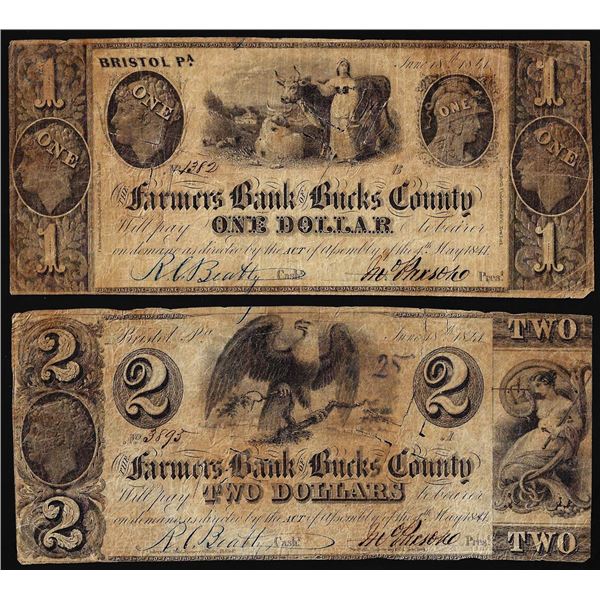 Lot of 1841 $1 & $2 Farmers Bank of Bucks County Bristol, PA Obsolete Bank Notes