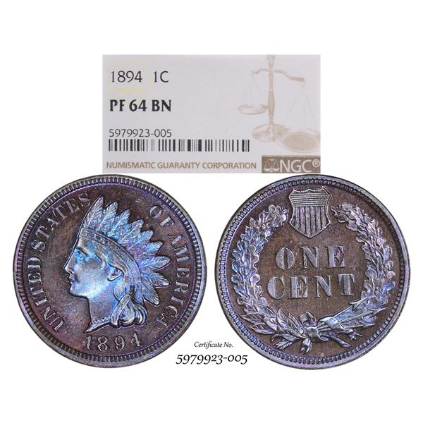 1894 Proof Indian Head Cent Coin NGC PF64 BN Amazing Toning