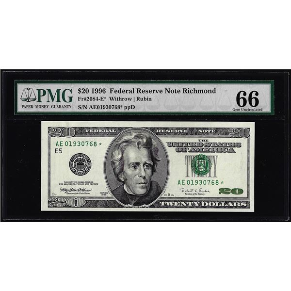 1996 $20 Federal Reserve Star Note Richmond Fr.2084-E* PMG Gem Uncirculated 66EPQ