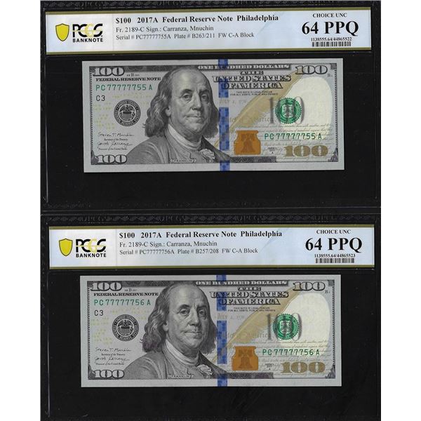 (2) Consec. 2017A $100 Federal Reserve Bank Notes PCGS Choice Unc. 64PPQ Fancy Serial