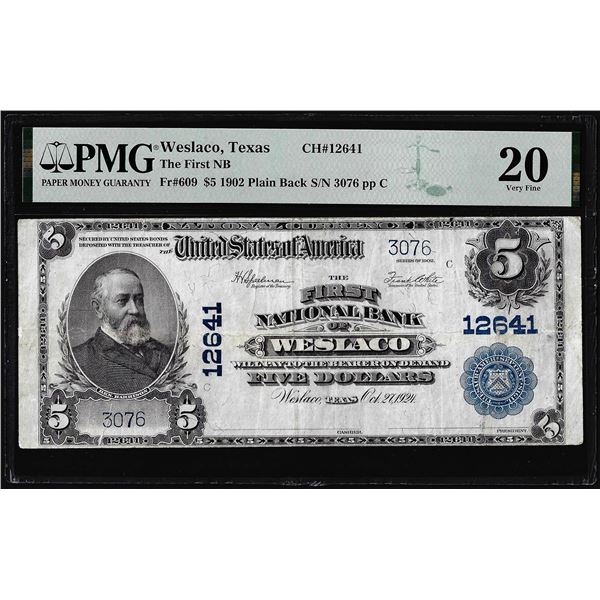 1902PB $5 First NB Weslaco, Texas CH# 12641 National Currency Note PMG Very Fine 20