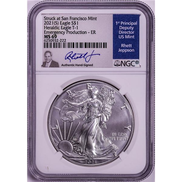 2021(S) Ty. 1 $1 American Silver Eagle Coin NGC MS69 Jeppson Signed Emergency Release