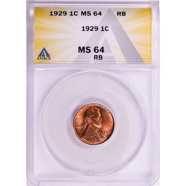 1929 Lincoln Wheat Cent Coin ANACS MS64 RB