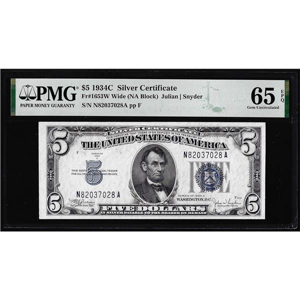 1934C $5 Silver Certificate Note Fr.1653W Wide PMG Gem Uncirculated 65EPQ