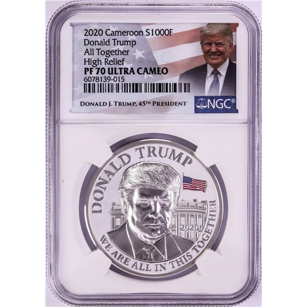 2020 Cameroon 1000 Francs High Relief Donald Trump Silver Coin NGC PF70 Ultra Cameo