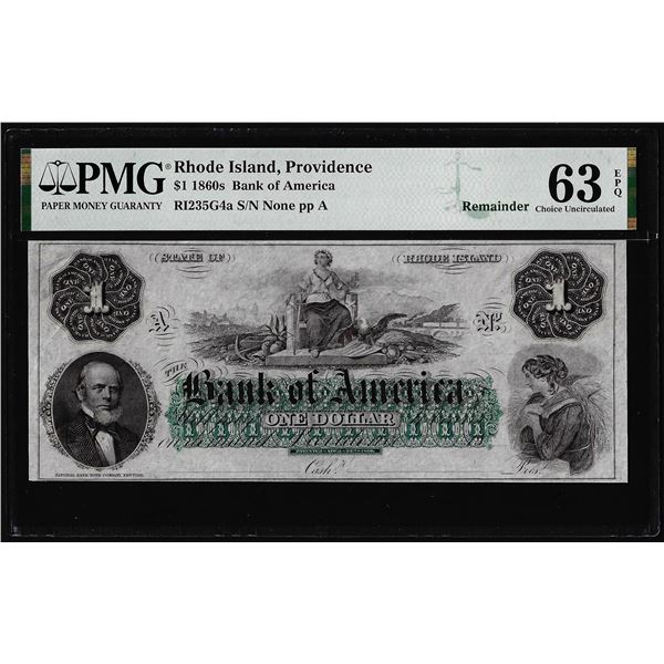 1860's $1 Bank of America Providence, RI Obsolete Note PMG Choice Uncirculated 63EPQ