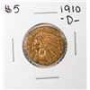 Image 1 : 1910-D $5 Indian Head Half Eagle Gold Coin