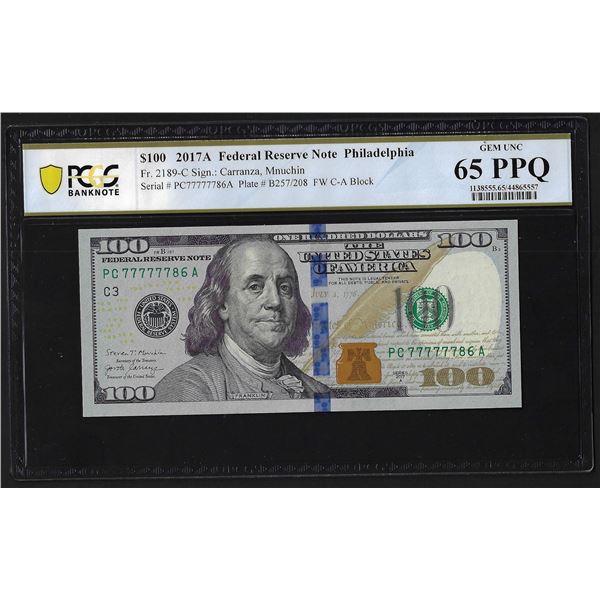 2017A $100 Federal Reserve Bank Note PCGS Gem Uncirculated 65PPQ Fancy Serial
