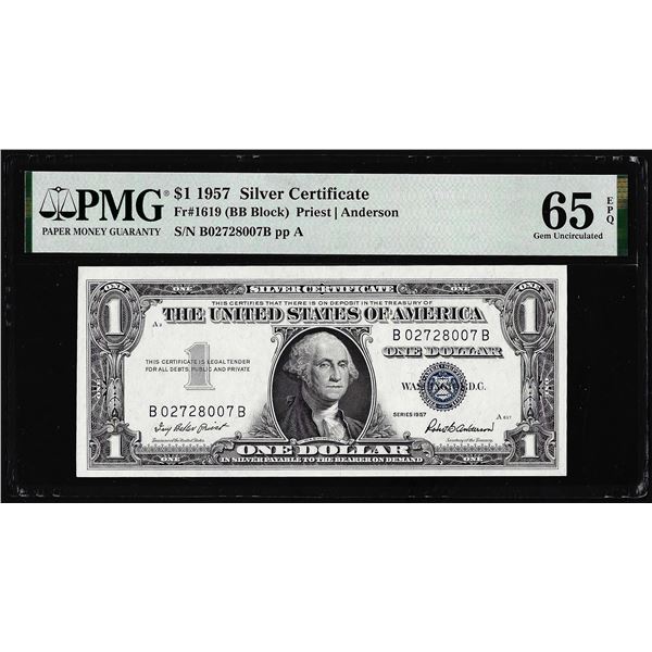 1957 $1 Silver Certificate Note KEY BB Block Fr.1619 PMG Gem Uncirculated 65EPQ