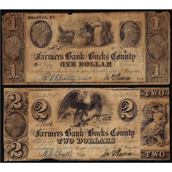 Lot of 1841 $1 & $2 Farmers Bank of Bucks County Bristol, PA Obsolete Bank Notes