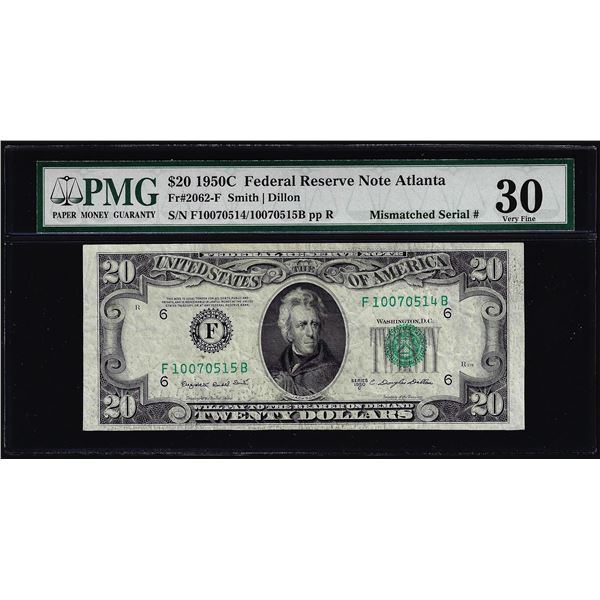 1950C $20 Federal Reserve Note Mismatched Serial Number ERROR PMG Very Fine 30