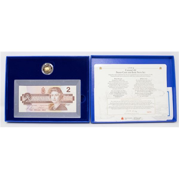 1996 CANADIAN MINT UNCIRCULATED $2 BILL AND COIN