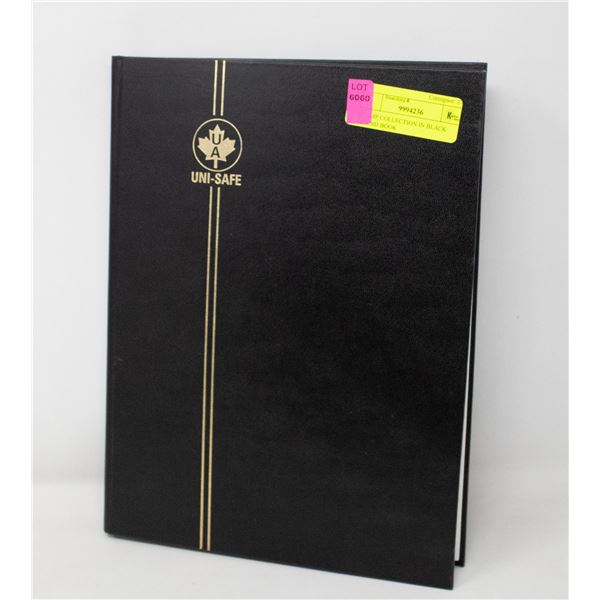 STAMP COLLECTION IN BLACK BOUND BOOK
