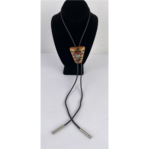Navajo Turquoise Painted Wood Bolo Tie