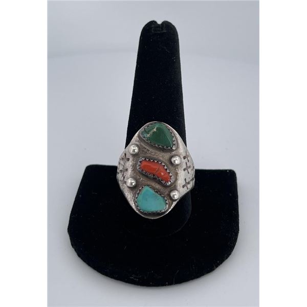 Navajo Turquoise Coral Sterling Silver Ring