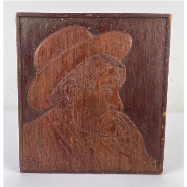 Charles M Russell Portrait Wood Carving