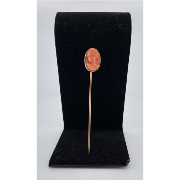 Victorian 14k Gold Coral Cameo Stickpin