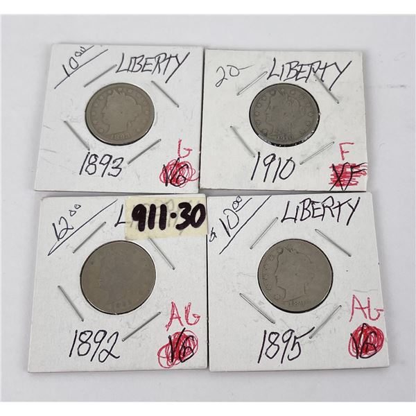 Group of Liberty V Nickels 1893 1910 1892 1895