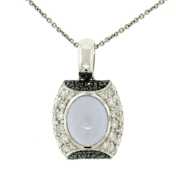 14K White Gold 4.31 ctw Oval Chalcedony White & Black Diamond 16  Pendant Neckla