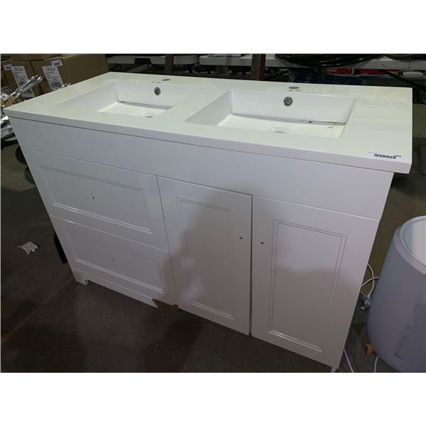New Double Basin Vanity Cabinet with Top, White, 2 Drawers 1 Cupboard - Minor Damage in photos