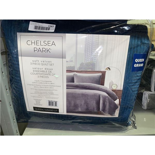New Chelsea Park Soft Velvet 3 Piece Quilt Set - Queen Size - Blue