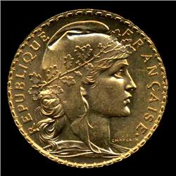 1915 France Rooster Gold 20 Franc Choice Unc Coin (COI-694)