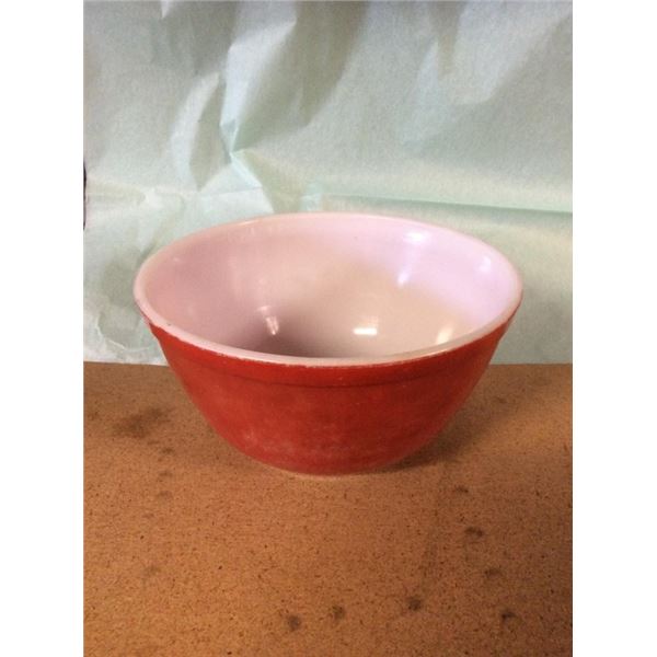 7 inch red Pyrex mixing bowl