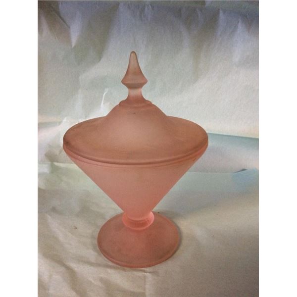 Pink Vaseline glass candy jar 8 inches tall 5
