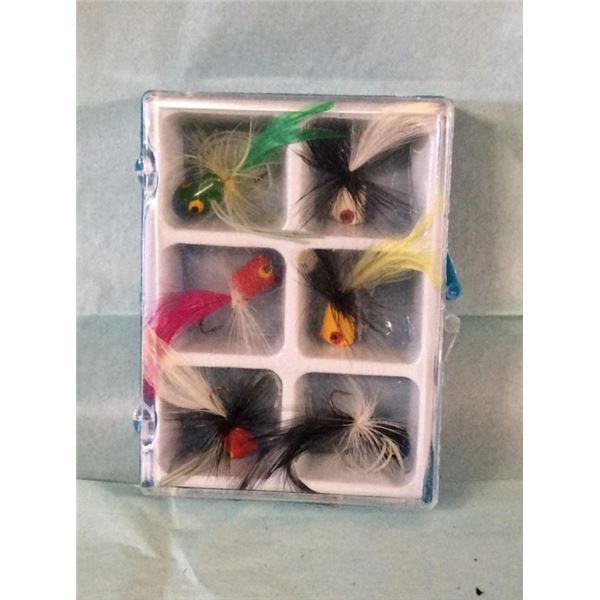 6 fly fish Fishing lures in plastic container