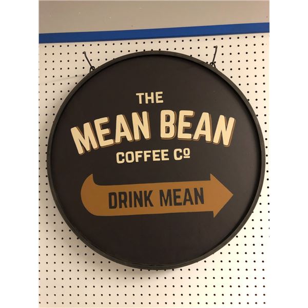"The Mean Bean" Coffee Co large round advertisement sign from the Blockbuster partial animated movie