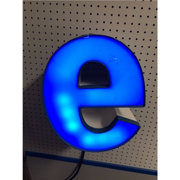 Lighted letter "e" blue - 11in across x 13 /12in tall x 8 1/2in deep