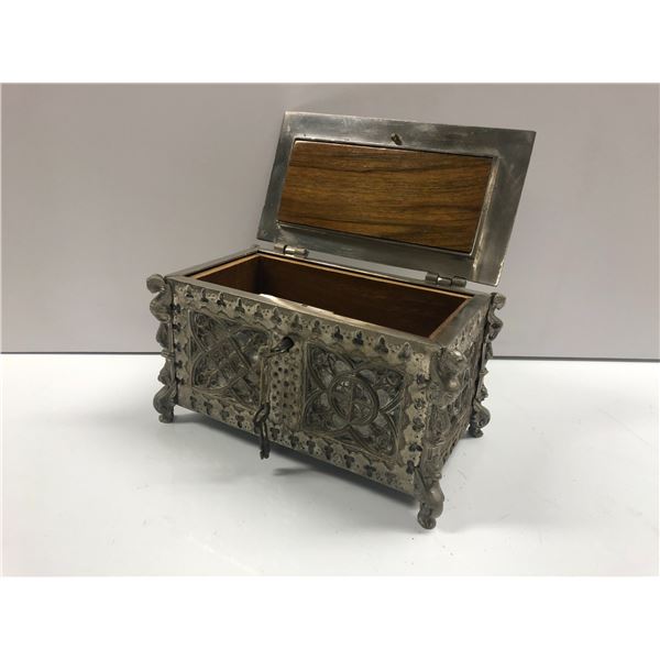 Ornate cast metal wood-lined small lock box w/ keys