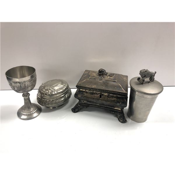 Group of 4 vintage metalware items - small lockbox w/ key/ lidded oval box/ goblet & lidded jar