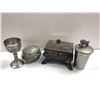 Image 1 : Group of 4 vintage metalware items - small lockbox w/ key/ lidded oval box/ goblet & lidded jar
