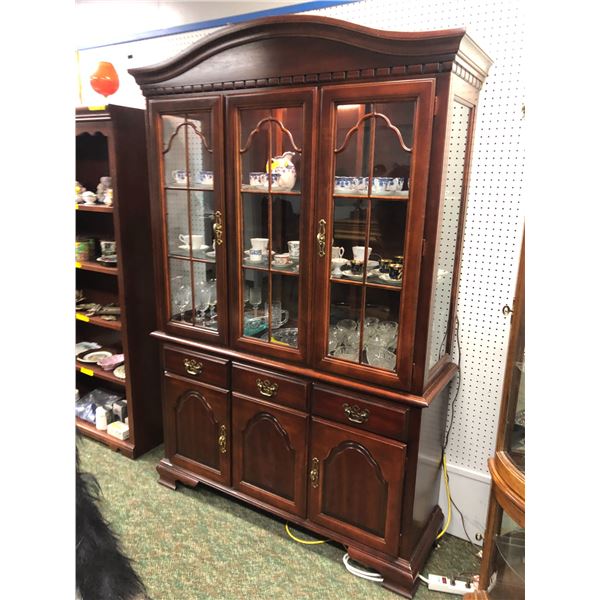 Cherry wood finish lighted buffet & hutch