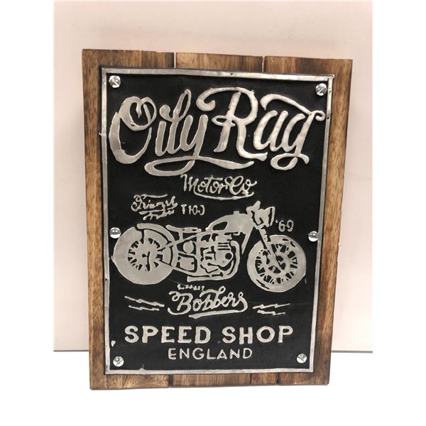 Nostalgic "Oily Rag Motor Co" metal on wood sign - 11 3/4 x 15 3/4
