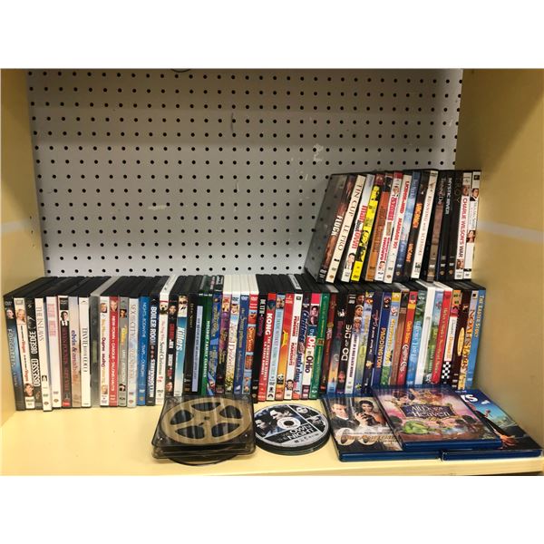 Shelf lot of DVD movies & 3 Blu-ray movies - approx. 70 total