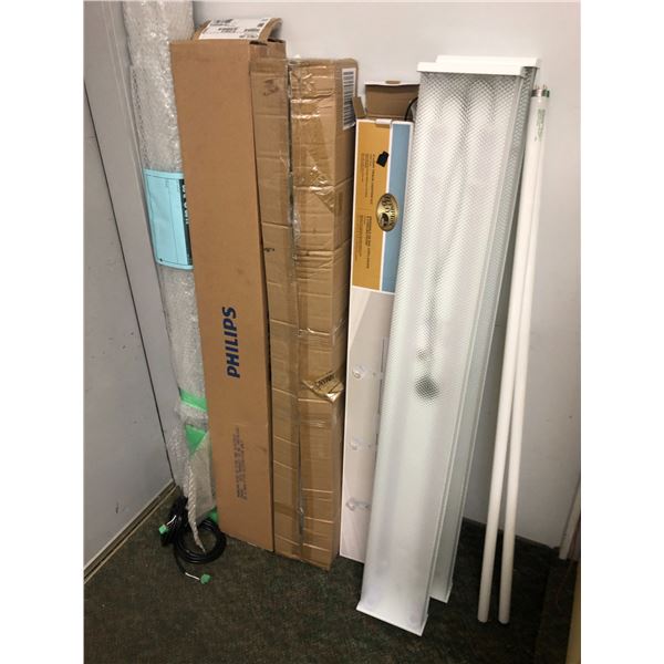 Group of assorted new fluorescent light fixtures/ track lighting etc.