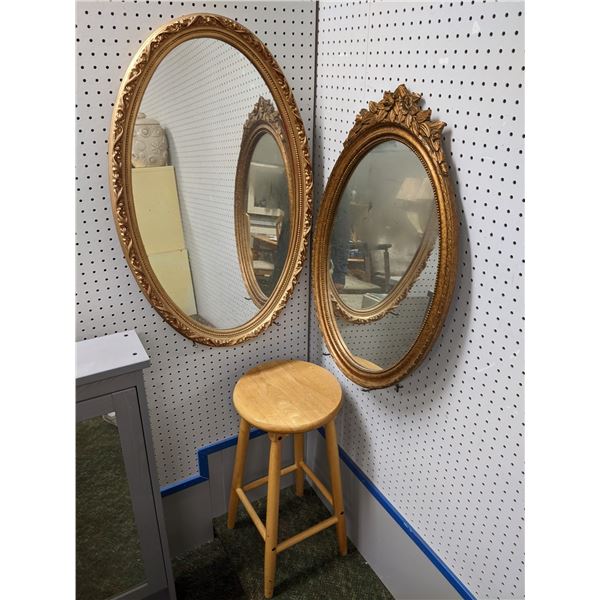 2 vintage guild framed oval mirrors & 1 wooden stool