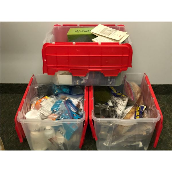 3 plastic storage bins from special effects studio - foliage/ foam samples & assorted industry-relat